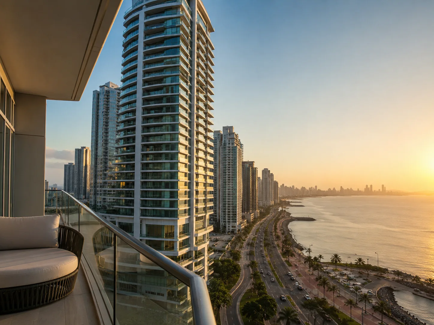 Balcony view of modern residential towers and the Cinta Costera waterfront in Panama City at sunset — real estate investment route
