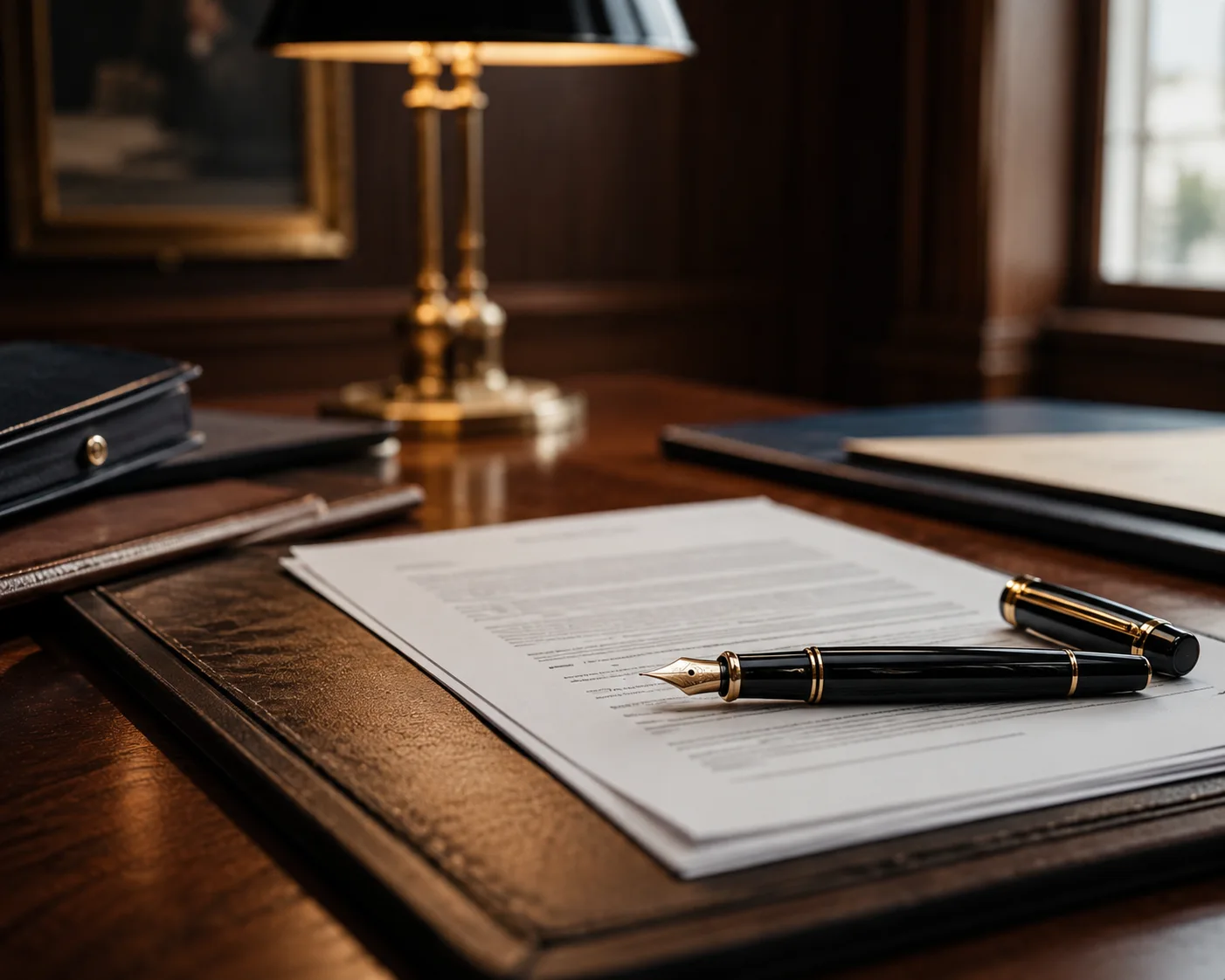 Fountain pen and legal documents on a desk in a private banking office — fixed-term deposit route with a licensed Panamanian bank