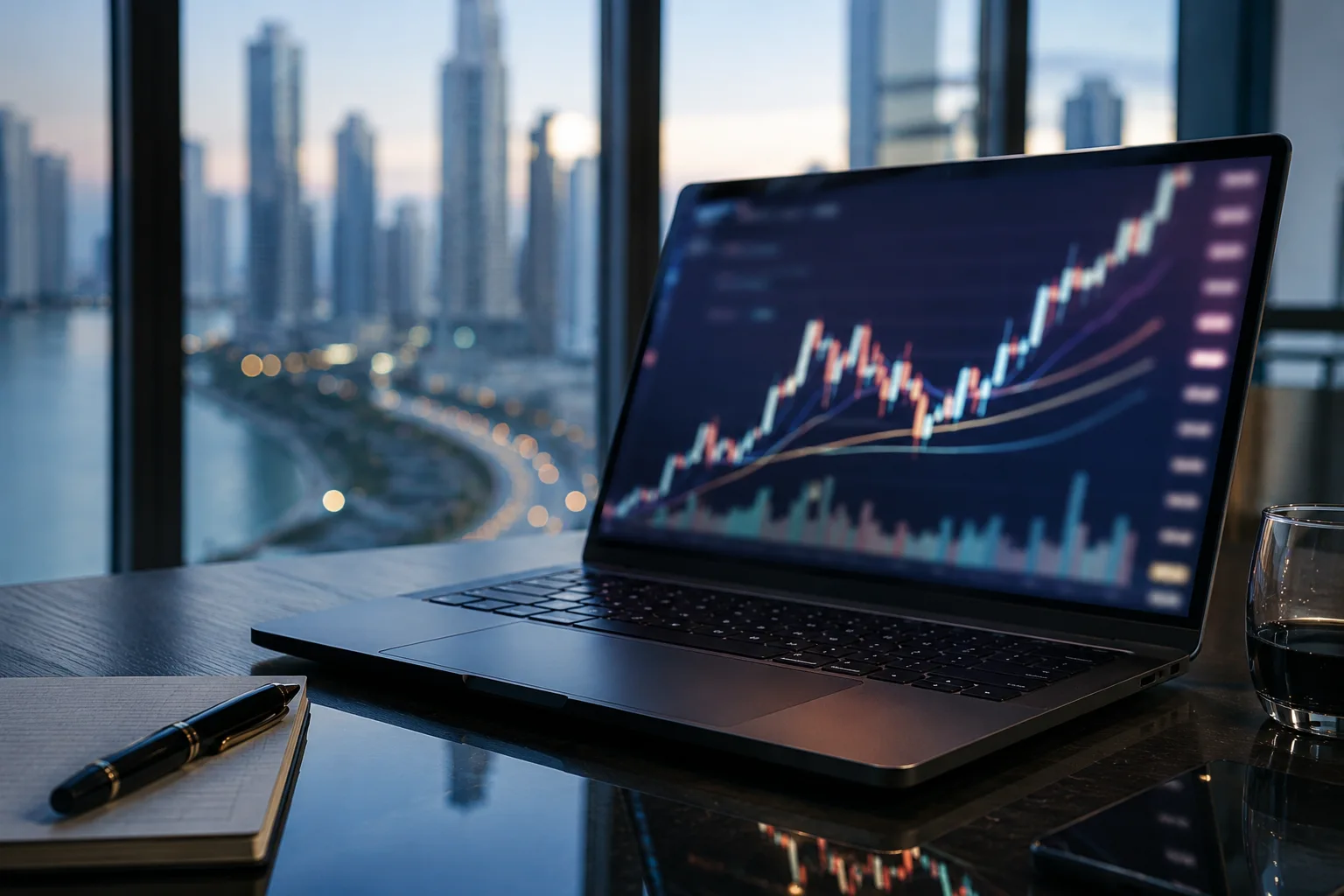 Laptop with stock market charts against the Panama City skyline — securities investment route via a licensed Panamanian brokerage